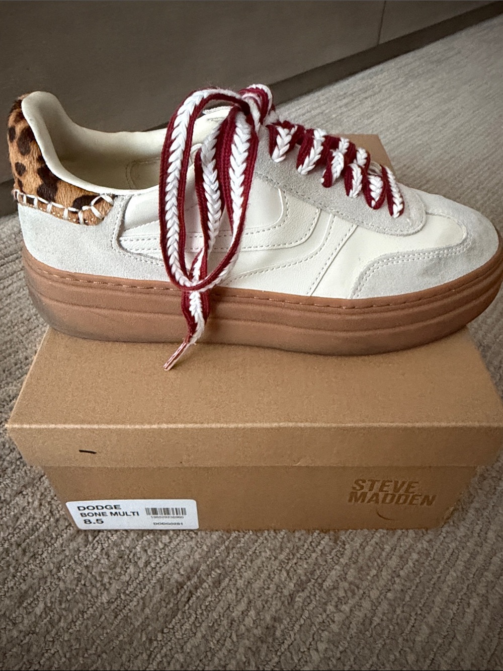 Steve Madden Bone and Leopard-Trim Platform Sneaker with Red-White Braided Laces